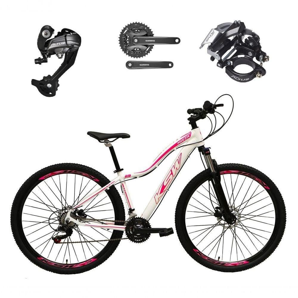 Bicicleta Feminina Aro 29 Ksw Mwza 27v Câmbios Shimano Altus Freios Hidráulicos - Branco-rosa Tam.15