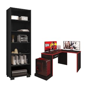 Mesa Para Computador Gamer Drx 9000 Com Extensora E Livreiro Office Preto Trama Vermelho - Móveis Leão