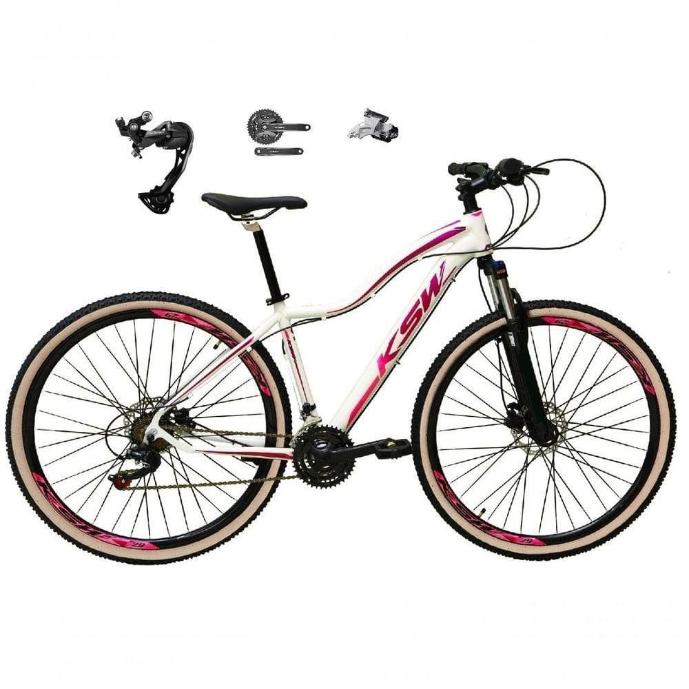 Bicicleta Feminina 29 Ksw Mwza Câmbio Alívio E Altus 27v F/hidráulico Garfo Trava Pneu Bege - Branco/pink/violeta Tam.15