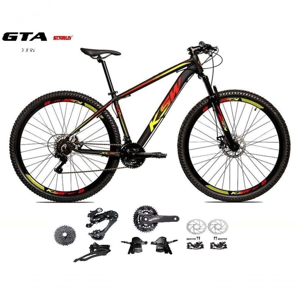 Bicicleta Aro 29 Ksw Xlt Kit 2x9 Sunrun Freio Disco K7 11/36 Pedivela 24/38d Garfo Trava - Preto/vermelho/amarelo Tam.21