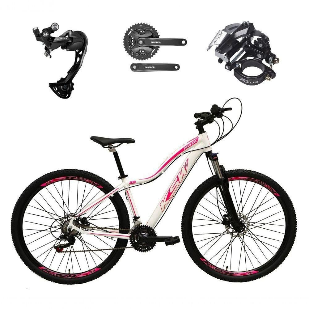 Bicicleta Aro 29 Ksw Mwza Feminina Câmbio Shimano Alívio E Altus 27v F/hidráulico Garfo Trava - Branco/rosa Tam.15