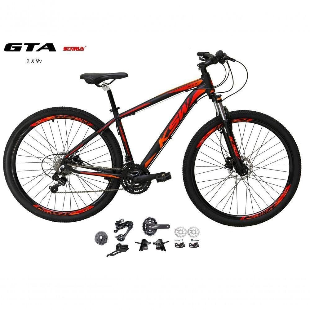 Bicicleta Aro 29 Ksw Xlt Kit 2x9 Sunrun Freio Disco K7 11/36 Pedivela 24/38d Garfo Trava - Preto/vermelho/laranja Tam.21
