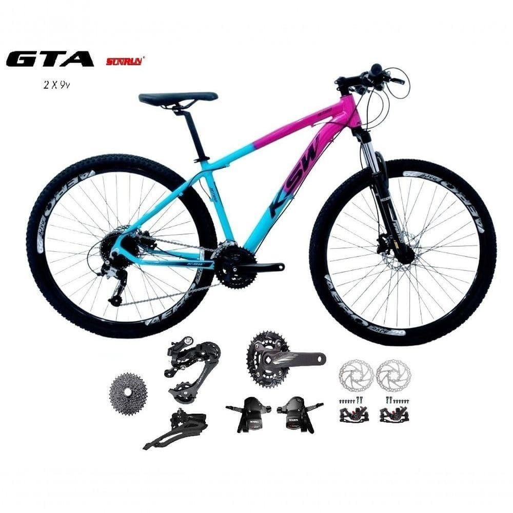 Bicicleta Aro 29 Ksw Xlt Kit 2x9 Gta Sunrun Freio Disco K7 11/36 Pedivela 24/38d Garfo Com Trava - Rosa/azul Tam.19