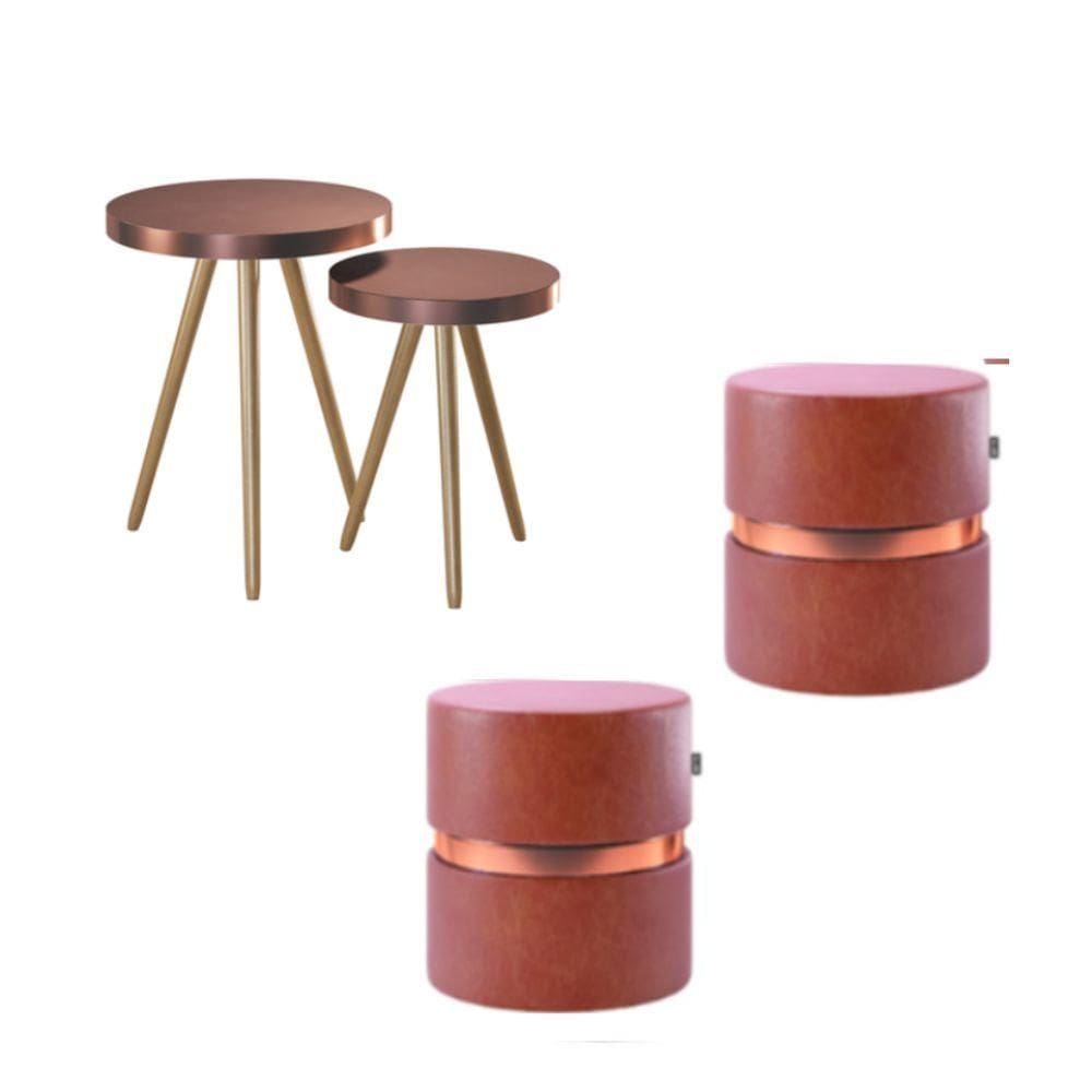 Kit 2 Mesas Auxiliares Lisboa + 2 Puffes Miami Telha Adz