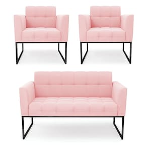 Kit 1 Sofá Namoradeira E 2 Poltronas Elisa Suede Rosa Bebê Base Metálica Industrial Preto - D`rossi