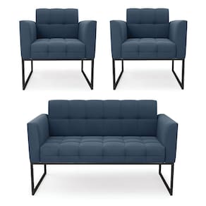 Kit 1 Sofá Namoradeira E 2 Poltronas Suede Azul Marinho Base Metálica Industrial Preto - D`rossi