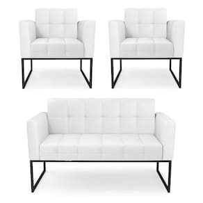 Kit 1 Sofá Namoradeira E 2 Poltronas Elisa Corino Branco Base Metálica Industrial Preto - D`rossi