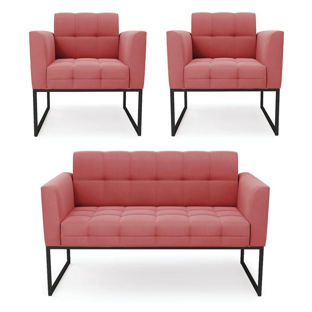 Kit 1 Sofá Namoradeira E 2 Poltronas Elisa Suede Rosê Base Metálica Industrial Preto - D`rossi