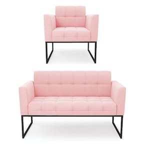 Kit 1 Sofá Namoradeira E 1 Poltrona Elisa Suede Rosa Bebê Base Metálica Industrial Preto - D`rossi