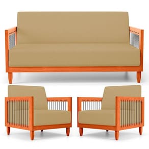 Kit 02 Poltronas E 01 Sofá Samoa Madeira Maciça Com Cordas Náutica Linho Dourado - Desk Design