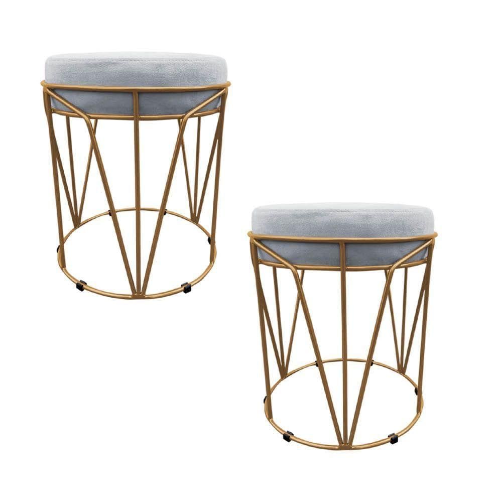 Kit 02 Puffs Multiuso Com Mesa 2 Em 1 Suede Cinza Base Dourado