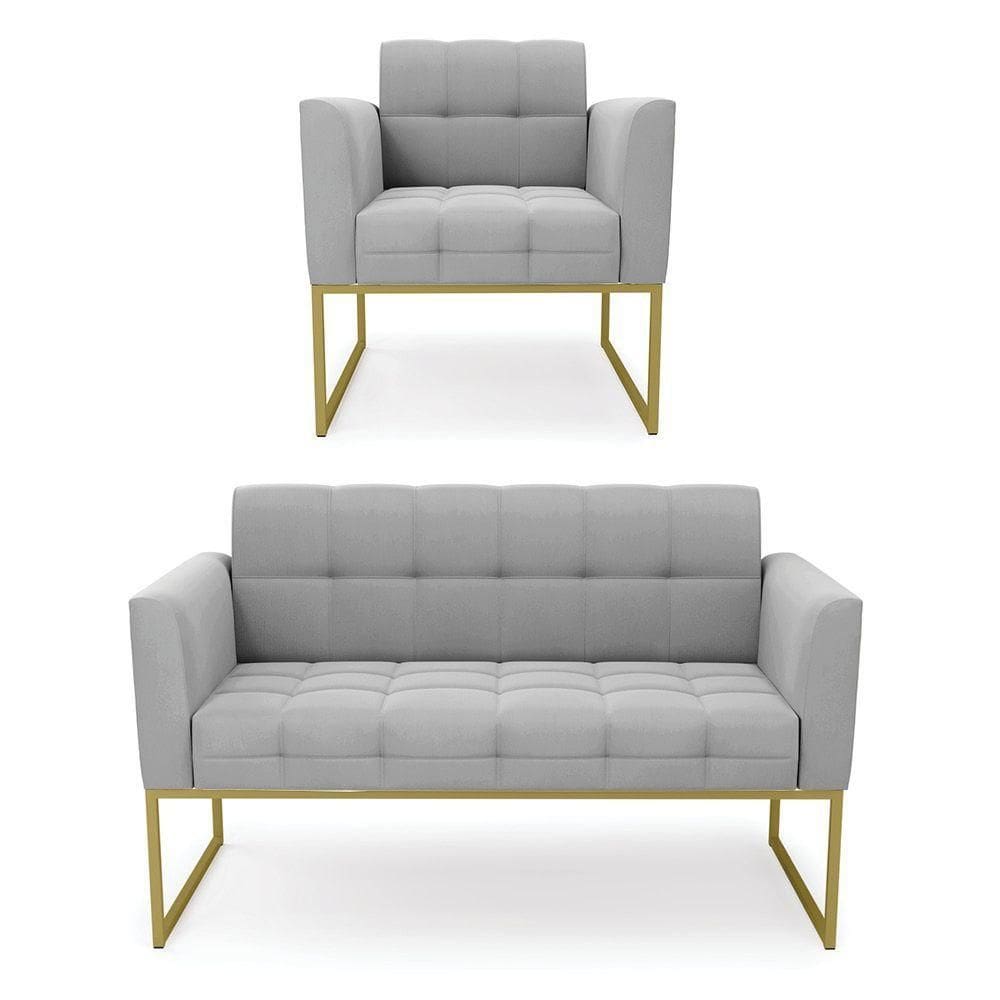 Kit 1 Sofá Namoradeira E 1 Poltrona Suede Base Metálica Industrial Dourado - D\`rossi Cor Cinza