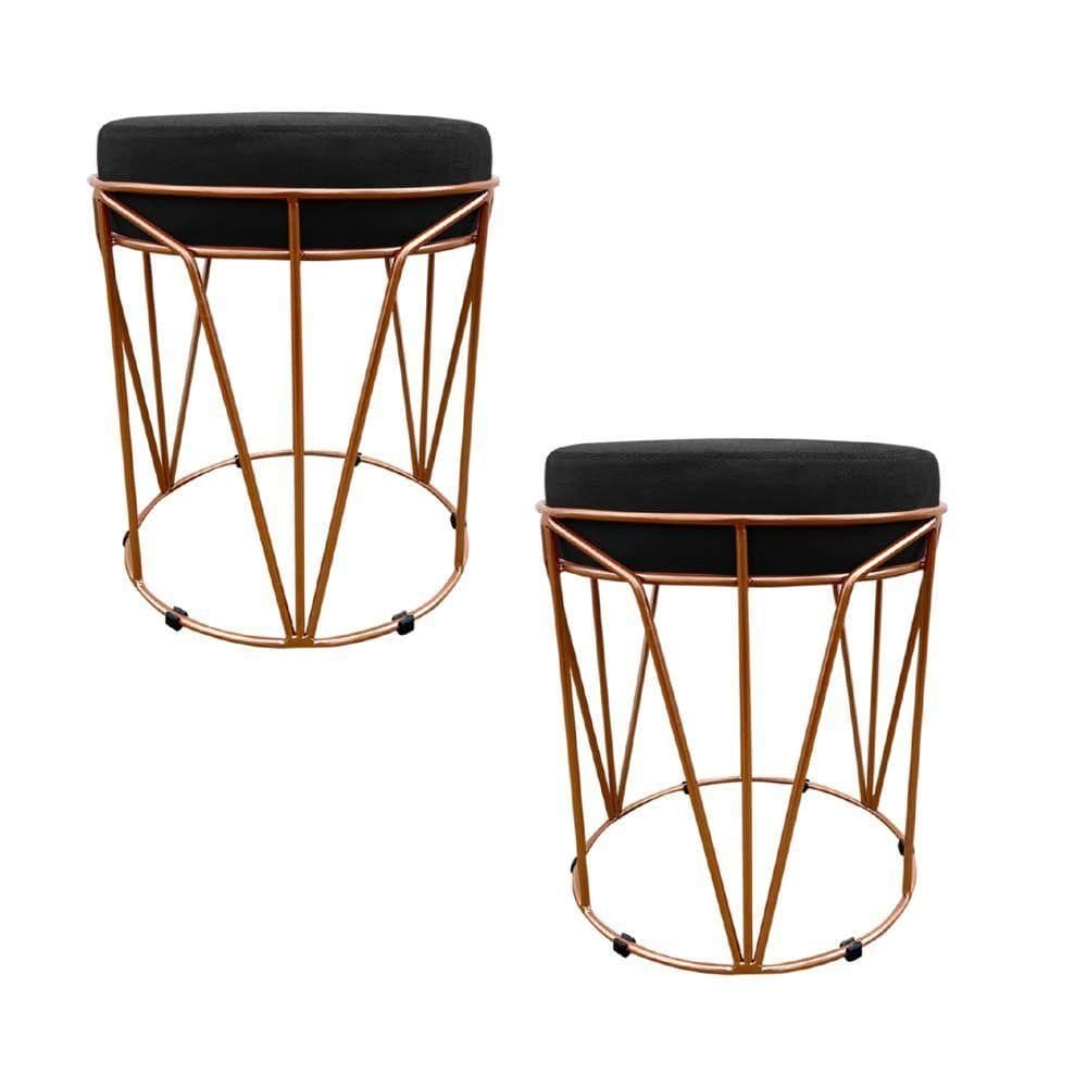 Kit 02 Puffs Multiuso Com Mesa 2 Em 1 Suede Preto Base Cobre