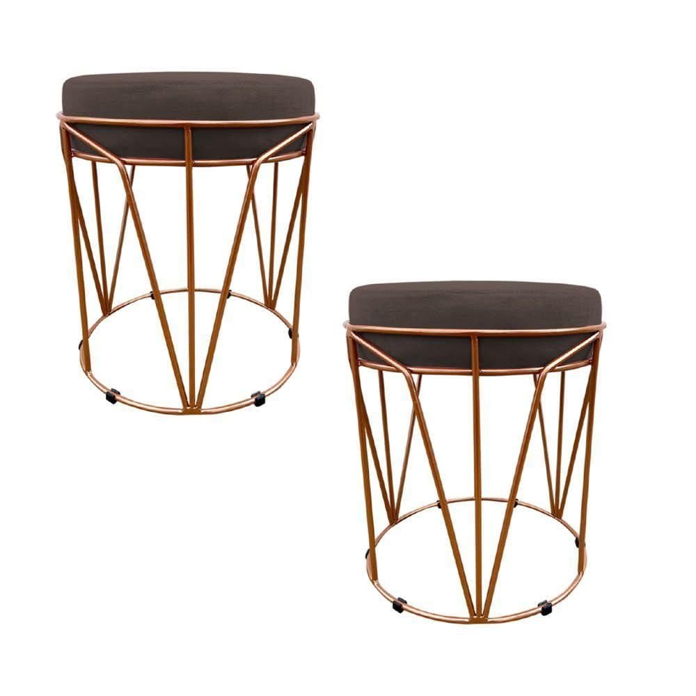 Kit 02 Puffs Multiuso Com Mesa 2 Em 1 Suede Marrom Base Cobre