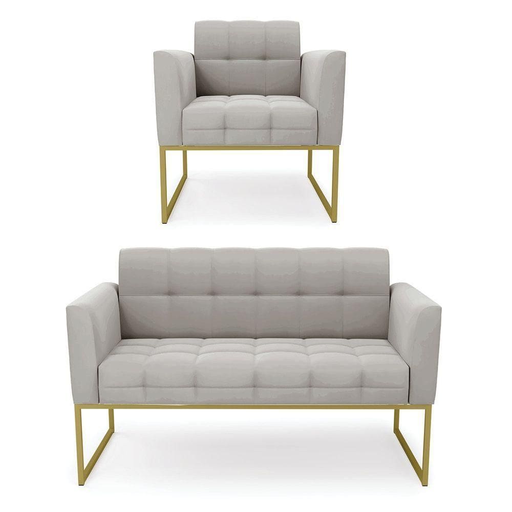 Kit 1 Sofá Namoradeira E 1 Poltrona Veludo Base Metálica Industrial Dourado - D\`rossi Cor Cinza