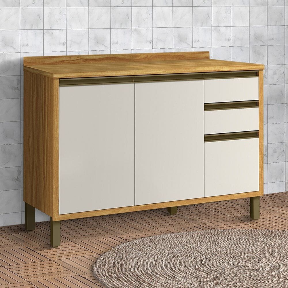 Balcão de Cozinha 120cm 2 Portas e 3 Gavetas com Tampo 100% Mdf Barbados Espresso Móveis Amêndoa/Off White