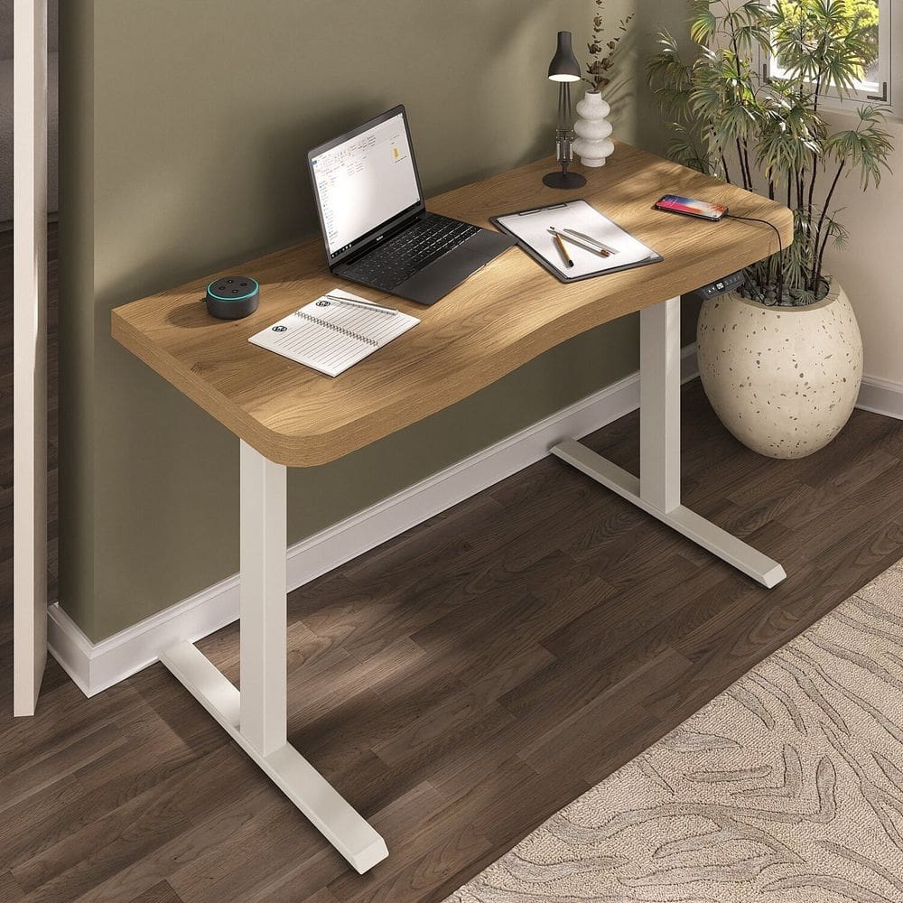 Mesa para Escritório com Regulagem de Altura Entrada Usb Ergonômica em Tamburato Olmo
