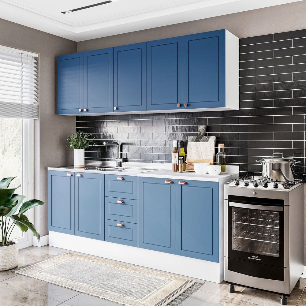 Cozinha Pérola com Rodapé 4 Peças Aéreos com 5 Portas, Balcão 2 Gavetas 3 Portas e Balcão 2 Portas Y Branco/Azul