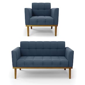 Namoradeira Com Poltrona Base De Madeira Castanho Elisa Suede D03 - D\`rossi Cor Azul Marinho