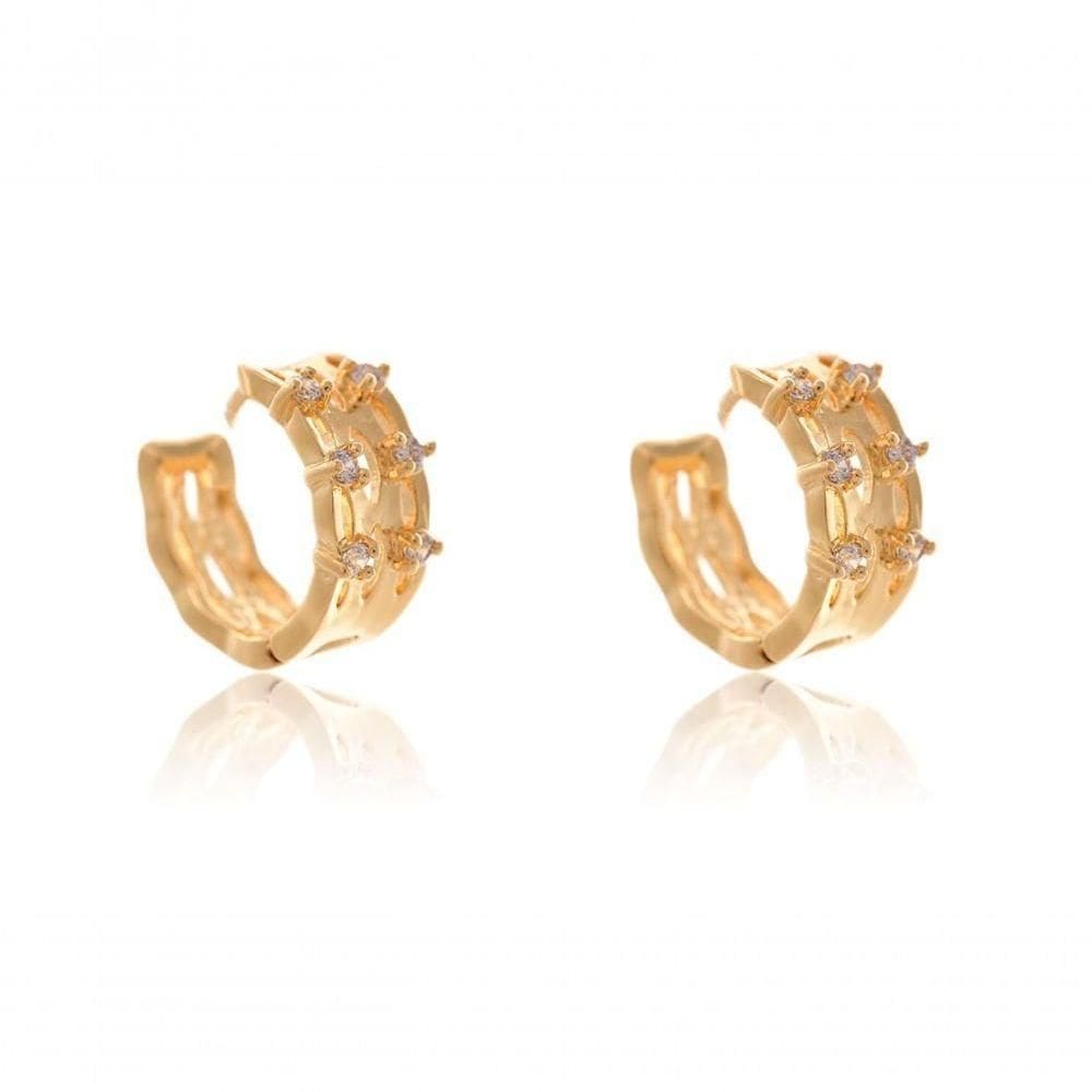 Brinco Argola Trabalhada Vazada Com 4 Zircônias Folheado Em Ouro 18k [f027]