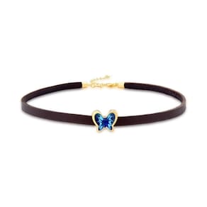 Choker Em Couro Com Borboleta-azul Revestida Em Ouro