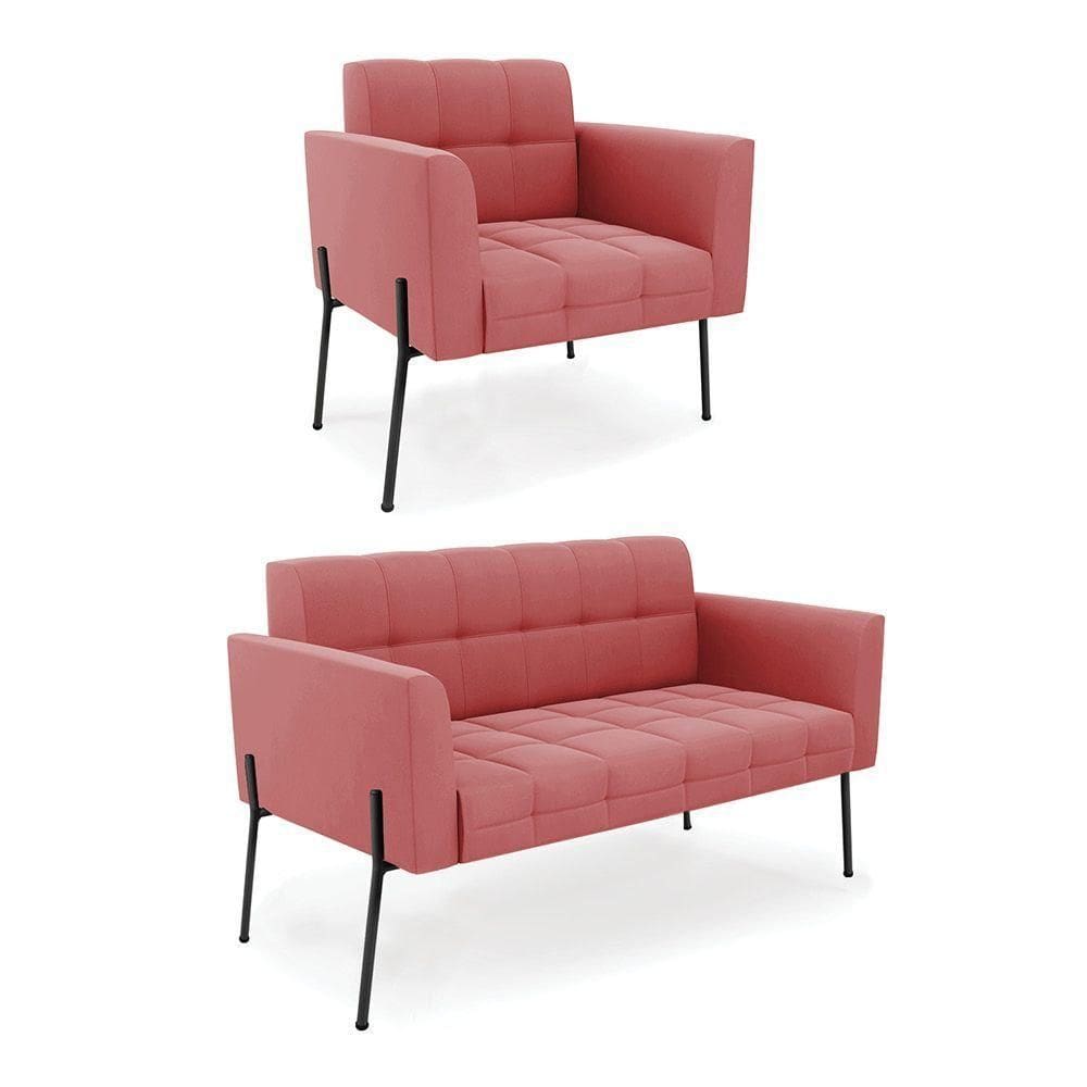 Sofá Namoradeira E Poltrona Pé De Ferro Preto Para Sala Elisa Suede D03 - D`rossi Cor Rose