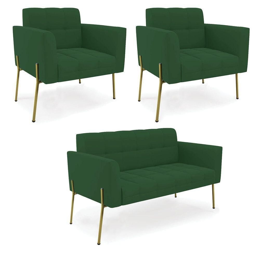 Sofá Namoradeira E 2 Poltronas Pé De Ferro Dourado Elisa Veludo D03 - D`rossi Cor Verde