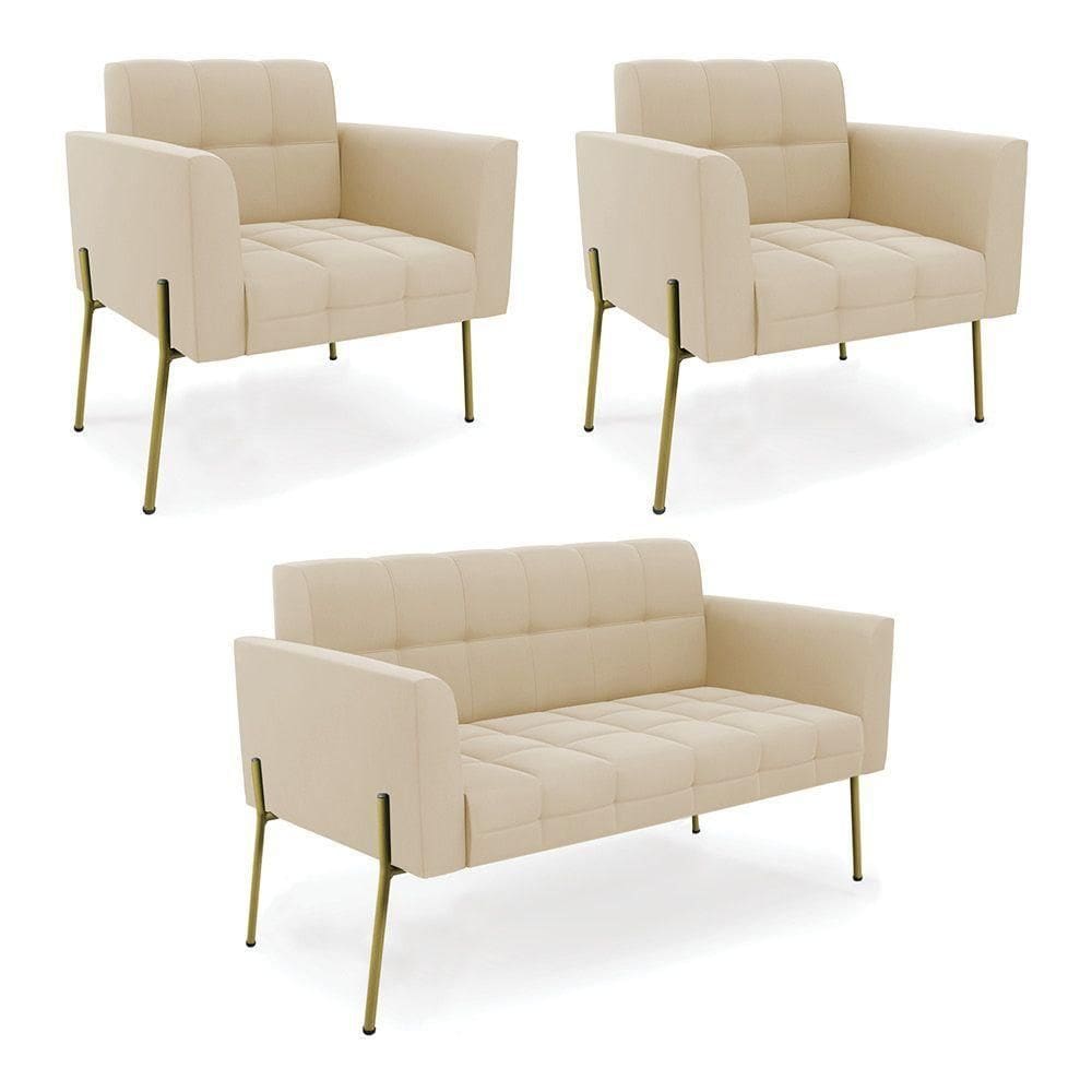 Sofá Namoradeira E 2 Poltronas Pé De Ferro Dourado Elisa Suede D03 - D`rossi Cor Bege