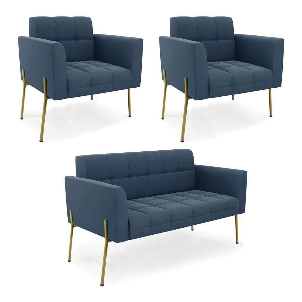 Sofá Namoradeira E 2 Poltronas Pé De Ferro Dourado Elisa Suede D03 - D`rossi Cor Azul Marinho