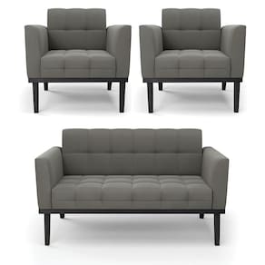 Sofá Namoradeira E 2 Poltronas Base De Madeira Preto Elisa Suede D03 - D`rossi Cor Grafite