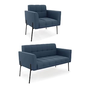 Sofá Namoradeira E Poltrona Pé De Ferro Preto Para Sala Elisa Suede D03 - D`rossi Cor Azul Marinho