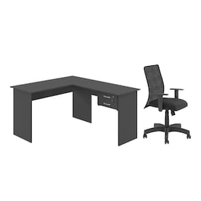 Jogo Cadeira Inclinável E Mesa L Com Gaveteiro Preto Onix