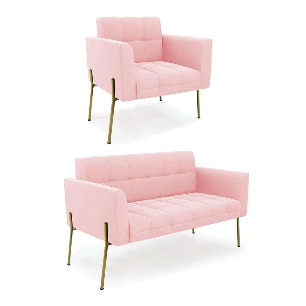 Sofá Namoradeira E Poltrona Pé De Ferro Dourado Elisa Suede Rosa Bebê D03 - D`rossi