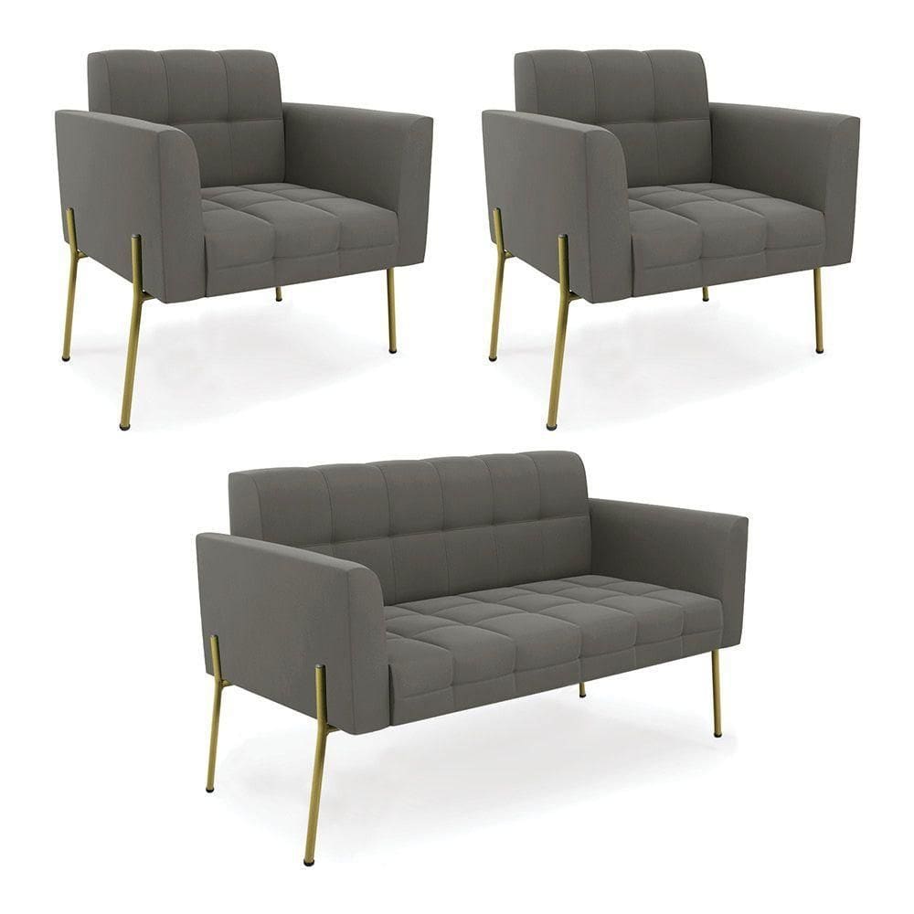 Sofá Namoradeira E 2 Poltronas Pé De Ferro Dourado Elisa Suede D03 - D`rossi Cor Grafite