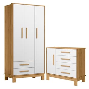 Roupeiro Com 3 Portas E Cômoda Malta Freijó Branco Acetinado