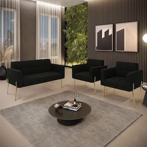 Sofá Namoradeira E 2 Poltronas Pé De Ferro Dourado Elisa Suede D03 - D`rossi Cor Preto