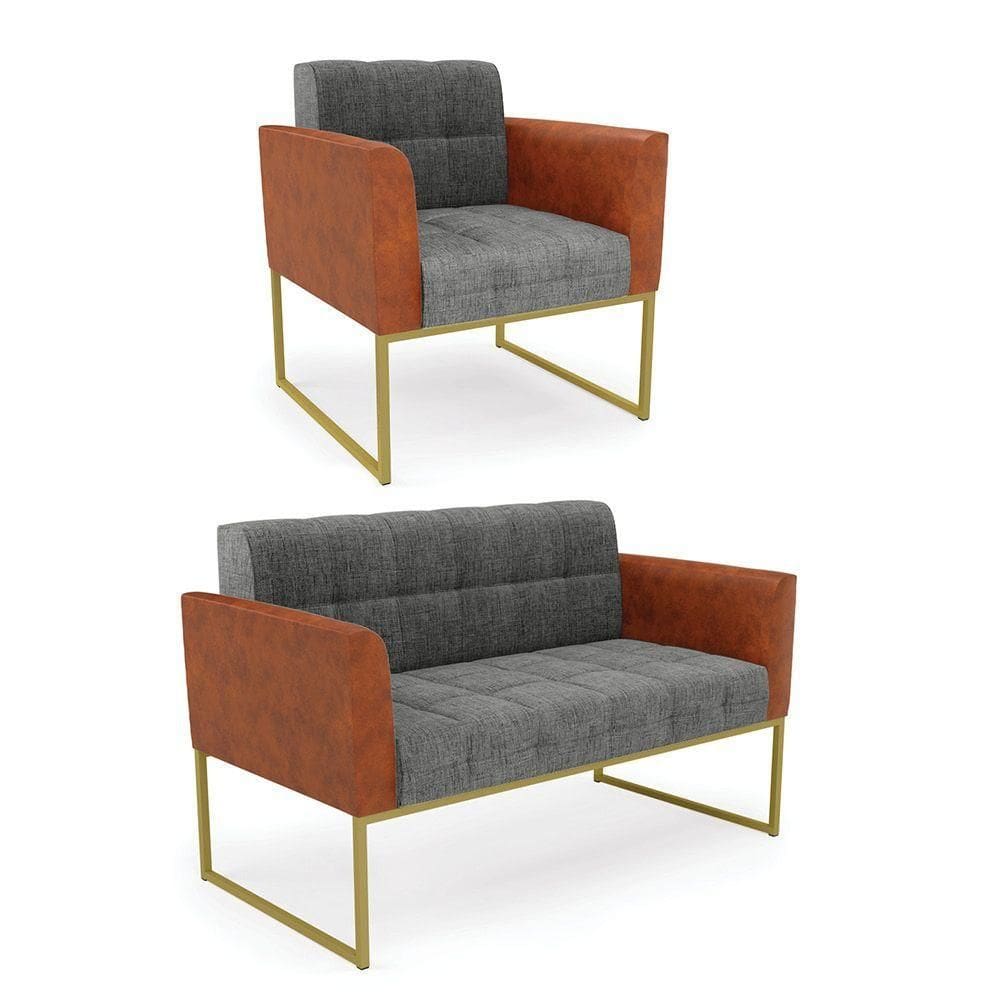 Sofá Namoradeira E Poltrona Base Industrial Dourado Elisa Nozes-linho Grafite A26 D03 - D`rossi