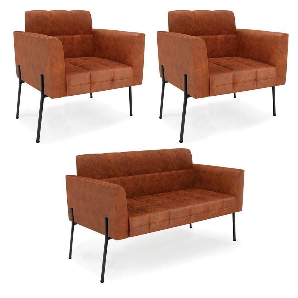 Sofá Namoradeira E 2 Poltronas Pé De Ferro Preto Elisa Corano D03 - D`rossi Cor Nozes