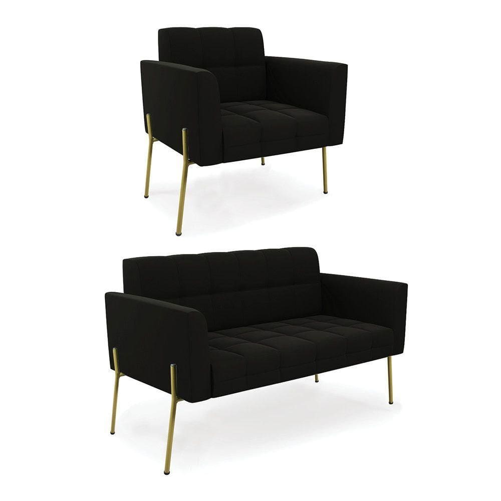 Sofá Namoradeira E Poltrona Pé De Ferro Dourado Elisa Suede Preto D03 - D`rossi