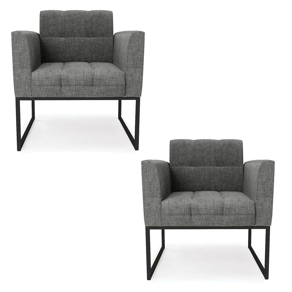 Kit 2 Poltronas Elisa Linho Cinza A05 Base Metálica Industrial Preto - D`rossi