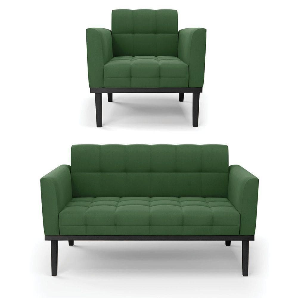 Sofá Namoradeira E Poltrona Base De Madeira Preto Elisa Suede D03 - D`rossi Cor Verde
