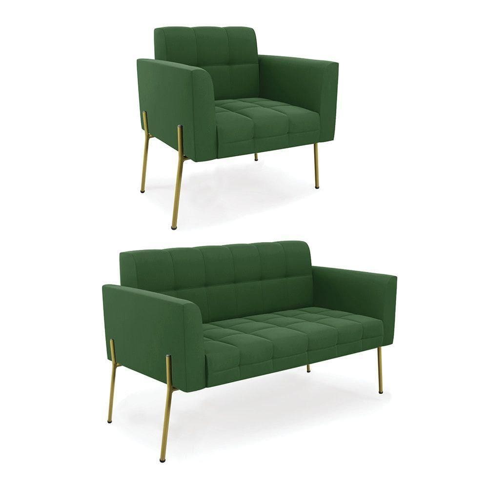 Sofá Namoradeira E Poltrona Pé De Ferro Dourado Elisa Suede Verde D03 - D`rossi