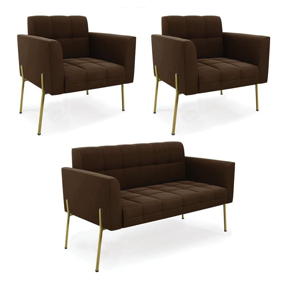 Sofá Namoradeira E 2 Poltronas Pé De Ferro Dourado Elisa Suede D03 - D`rossi Cor Marrom