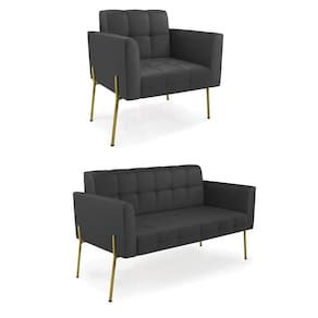 Sofá Namoradeira E Poltrona Base Pé De Ferro Dourado Elisa Corino D03 - D`rossi Cor Preto