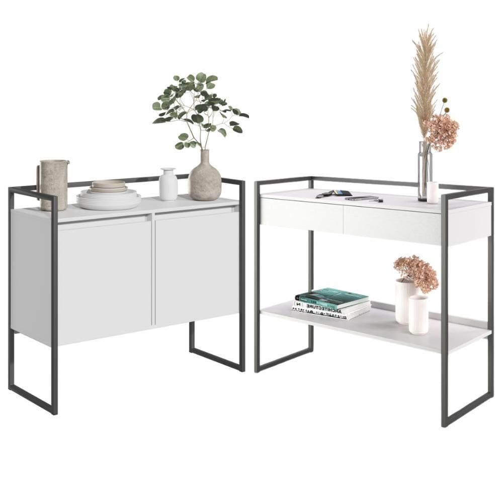 Conjunto Buffet Compacto e Aparador Industrial Branco Preto