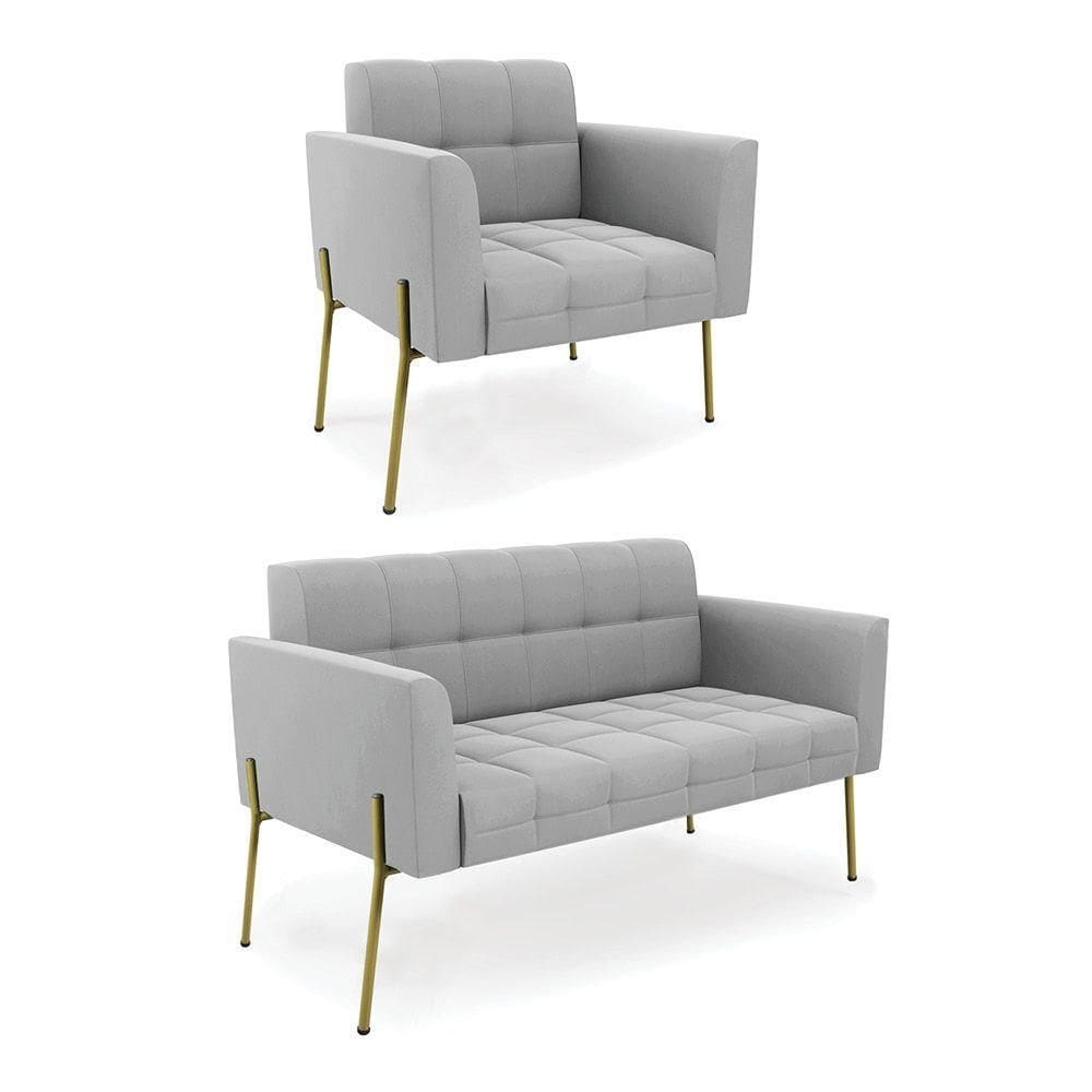 Sofá Namoradeira E Poltrona Pé De Ferro Dourado Elisa Suede Cinza D03 - D`rossi