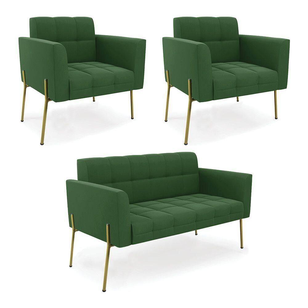 Sofá Namoradeira E 2 Poltronas Pé De Ferro Dourado Elisa Suede D03 - D`rossi Cor Verde