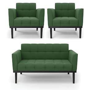 Sofá Namoradeira E 2 Poltronas Base De Madeira Preto Elisa Suede Verde D03 - D`rossi
