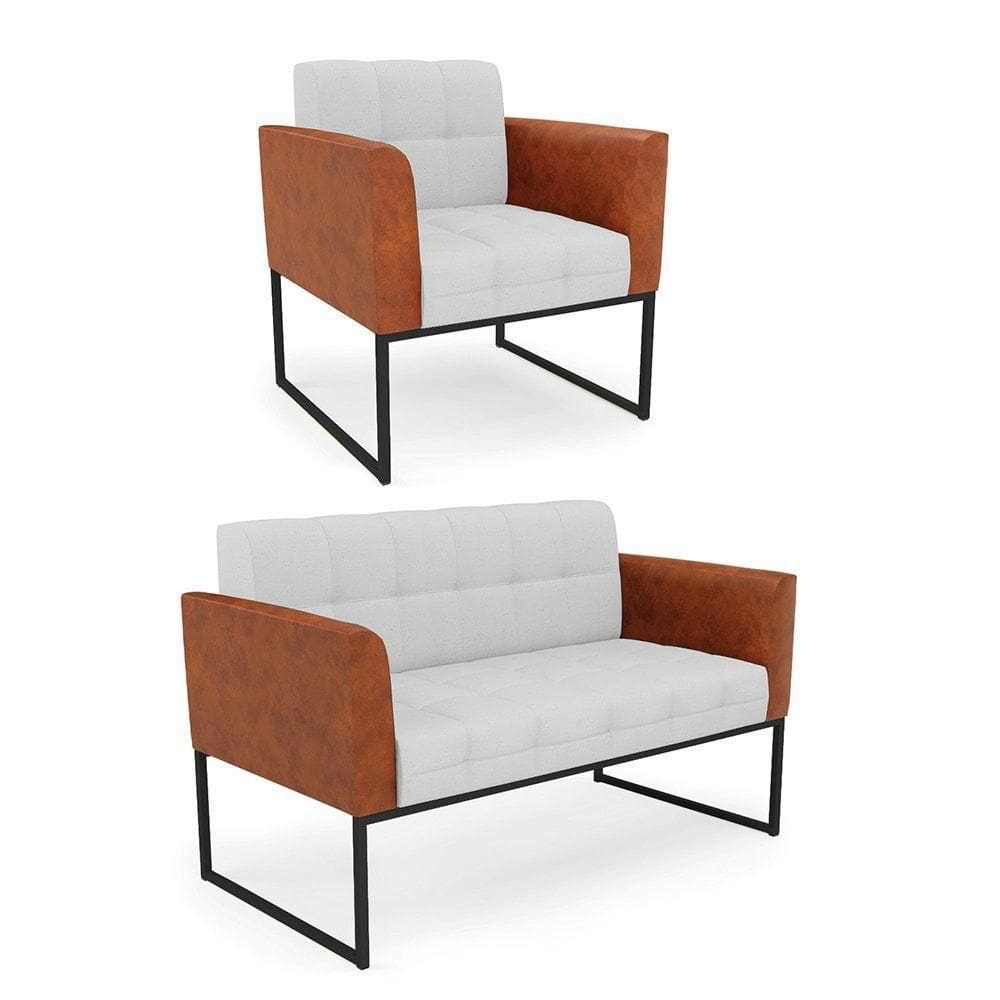 Sofá Namoradeira E Poltrona Base Industrial Preto Elisa Nozes-linho Cinza A05 D03 - D`rossi