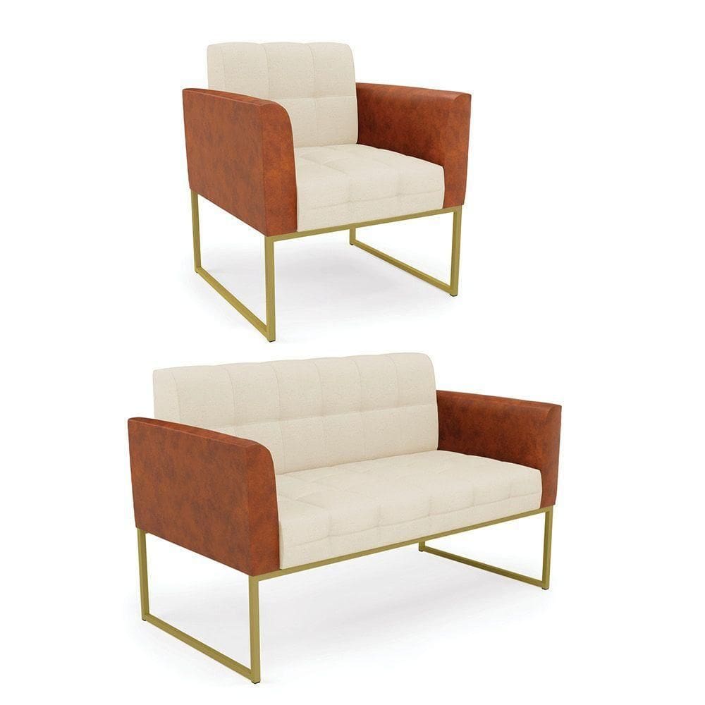 Sofá Namoradeira E Poltrona Base Industrial Dourado Elisa Nozes-linho Bege A19 D03 - D`rossi